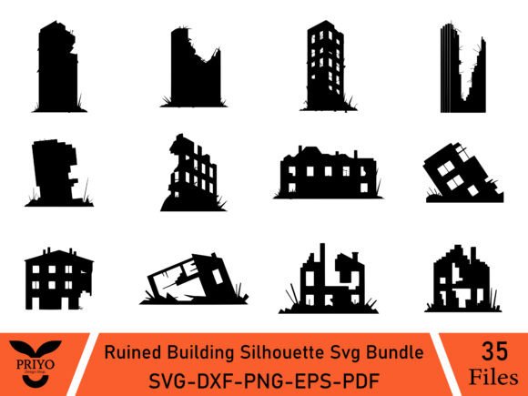 Ruined Building Silhouette Graphics for Editorial Illustrations